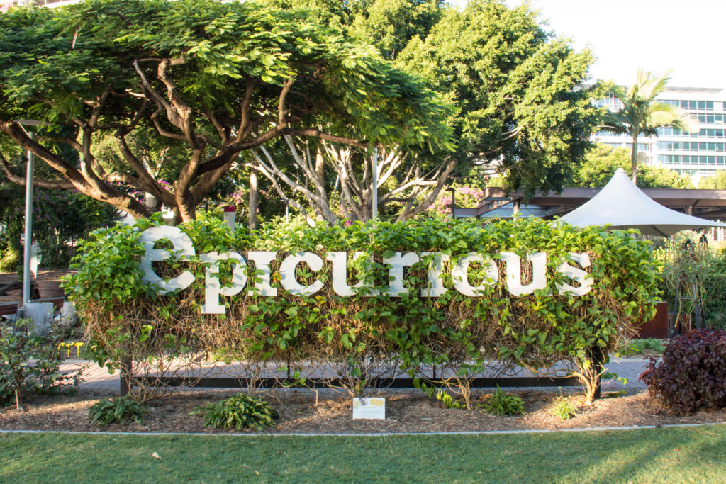Visit Epicurious Garden to see exotic plants and fragrant herbs.