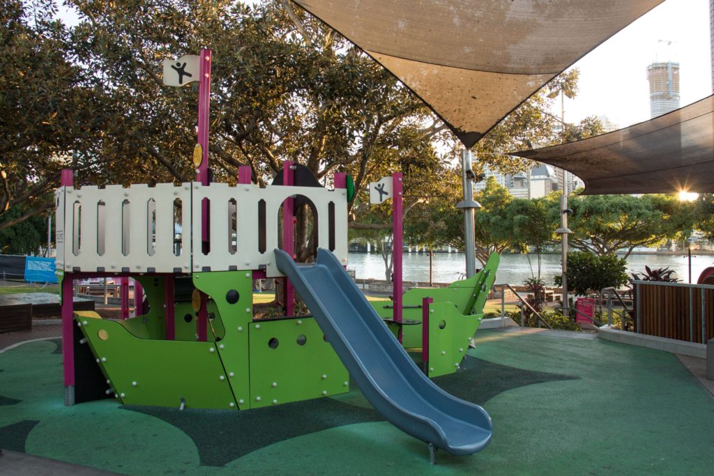 The brightly coloured Pirate Ship at Riverside Green Playground, South Bank, Brisbane.