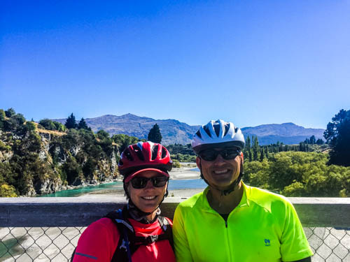 Susan and John on the Lower Shotover River Bridge just outside of Queenstown, NZ.