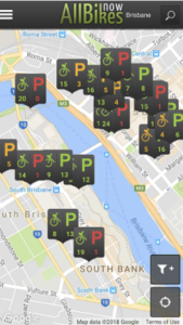 The All Bikes Now App shows the number of available bikes and empty bike racks at each Brisbane CityCycle Station.